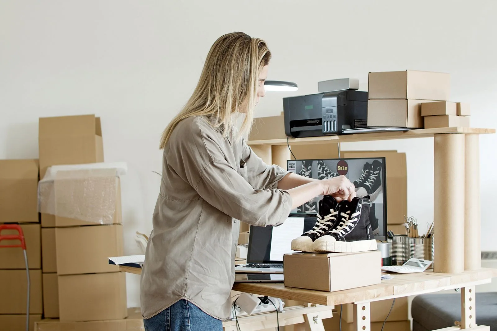 Vendedora preparando um produto para envio em um marketplace